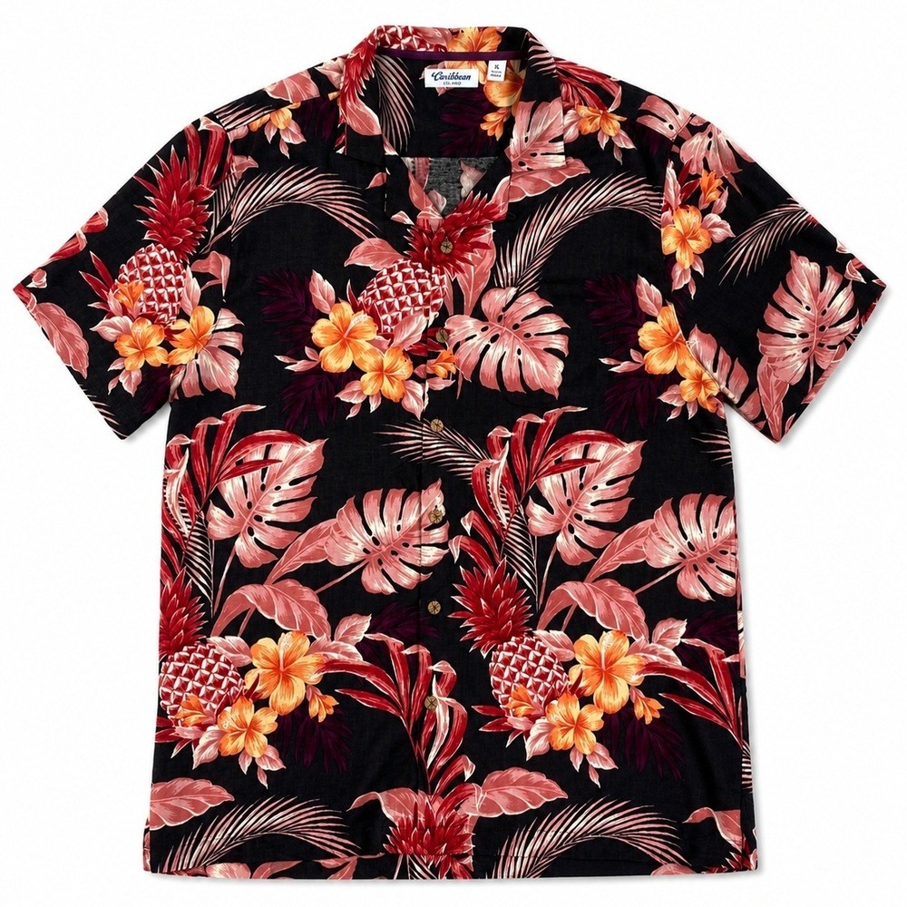 Caribbean Silk Blend Tropical Hawaiian Shirt Men XL Burgundy Aloha Resortwear